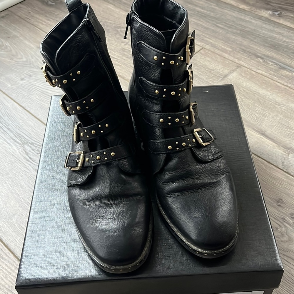 Dune Combat Boots, Black Leather with Gold Detail